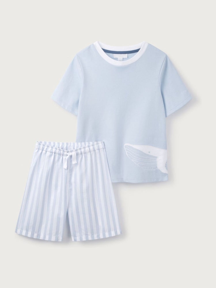 The White Company Blue Relaxed Fit 100% Cotton Whale Embroidered Shortie Pyjamas - Image 5 of 6