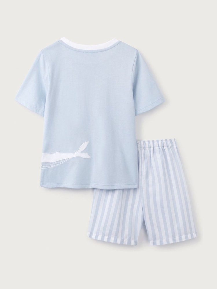 The White Company Blue Relaxed Fit 100% Cotton Whale Embroidered Shortie Pyjamas - Image 6 of 6