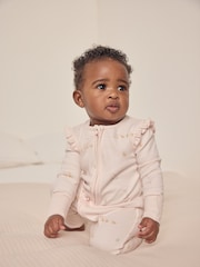 The White Company Pink 100% Cotton Puddle Ducks Frill Sleeve Sleepsuit - Image 2 of 6