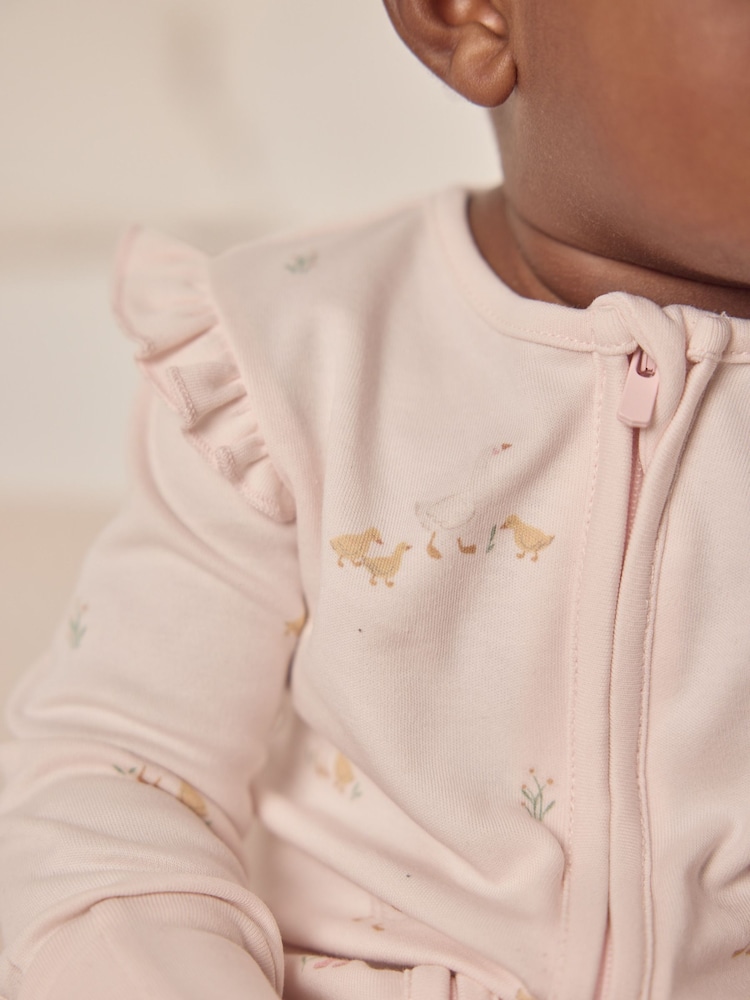 The White Company Pink 100% Cotton Puddle Ducks Frill Sleeve Sleepsuit - Image 4 of 6