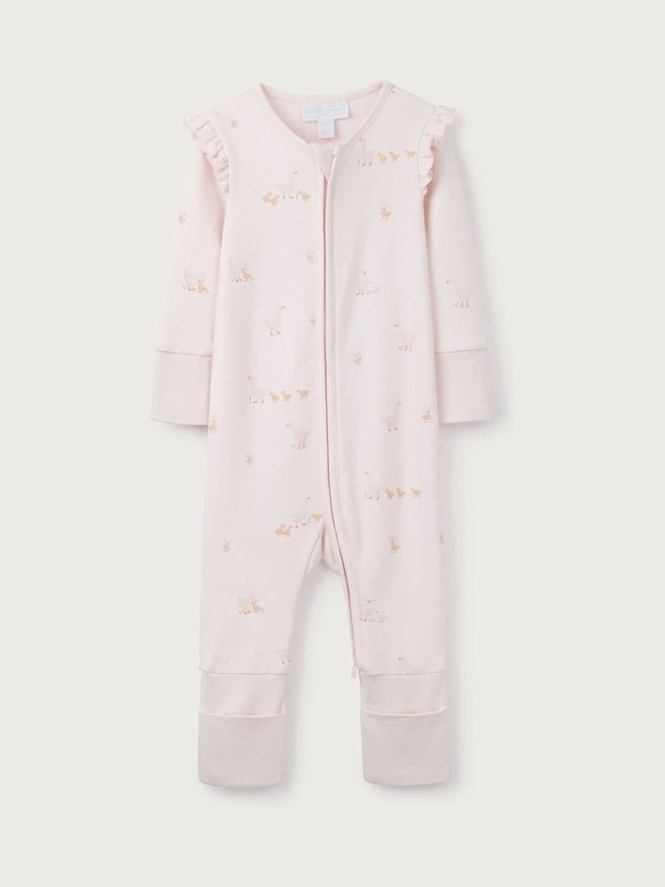 The White Company Pink 100% Cotton Puddle Ducks Frill Sleeve Sleepsuit - Image 5 of 6