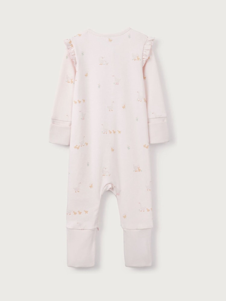 The White Company Pink 100% Cotton Puddle Ducks Frill Sleeve Sleepsuit - Image 6 of 6
