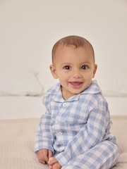 The White Company Blue 100% Cotton Crinkle Gingham Sleepsuit - Image 1 of 5