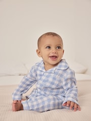 The White Company Blue 100% Cotton Crinkle Gingham Sleepsuit - Image 2 of 5