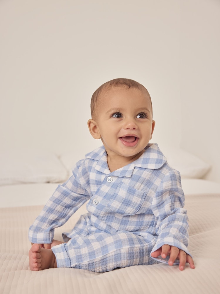The White Company Blue 100% Cotton Crinkle Gingham Sleepsuit - Image 2 of 5 The White Company Blue 100% Cotton Crinkle Gingham Sleepsuit - Image 2 of 5