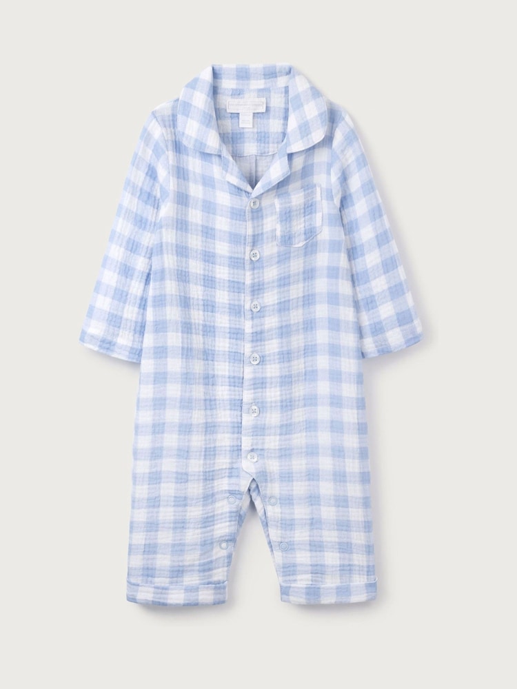 The White Company Blue 100% Cotton Crinkle Gingham Sleepsuit - Image 4 of 5