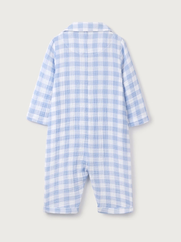 The White Company Blue 100% Cotton Crinkle Gingham Sleepsuit - Image 5 of 5