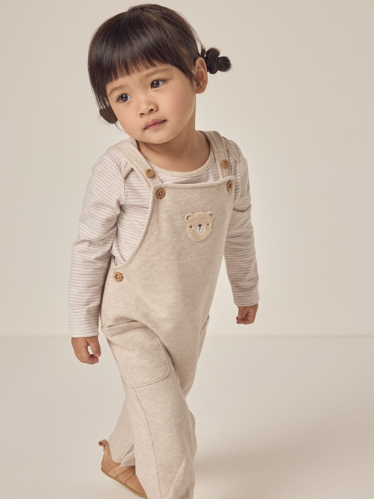 The White Company 100% Cotton Bear Print White Dungaree And Stripe Top Set - Image 1 of 1