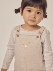 The White Company 100% Cotton Bear Print White Dungaree And Stripe Top Set - Image 2 of 6