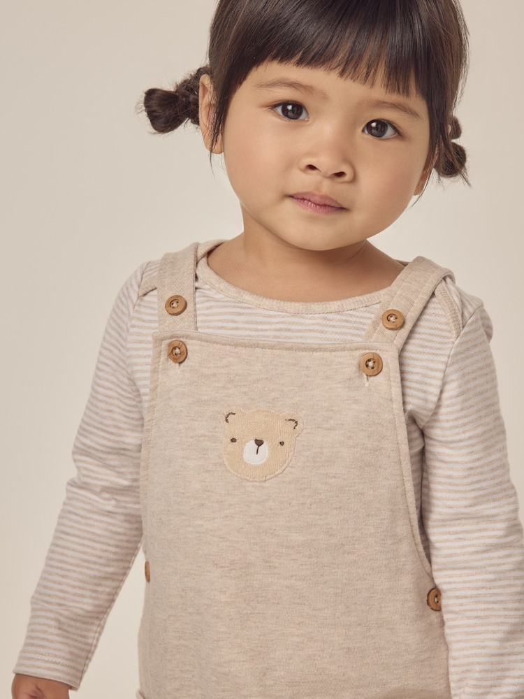 The White Company 100% Cotton Bear Print White Dungaree And Stripe Top Set - Image 2 of 6