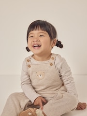 The White Company 100% Cotton Bear Print White Dungaree And Stripe Top Set - Image 3 of 6