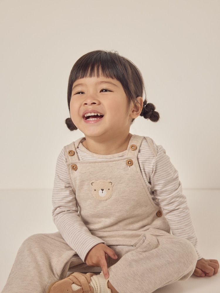 The White Company 100% Cotton Bear Print White Dungaree And Stripe Top Set - Image 3 of 6