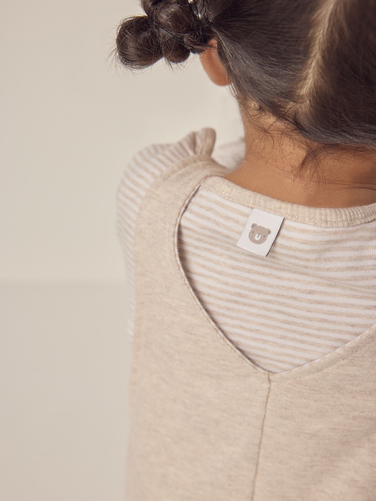 The White Company 100% Cotton Bear Print White Dungaree And Stripe Top Set - Image 4 of 6