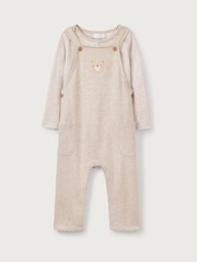 The White Company 100% Cotton Bear Print White Dungaree And Stripe Top Set - Image 5 of 6
