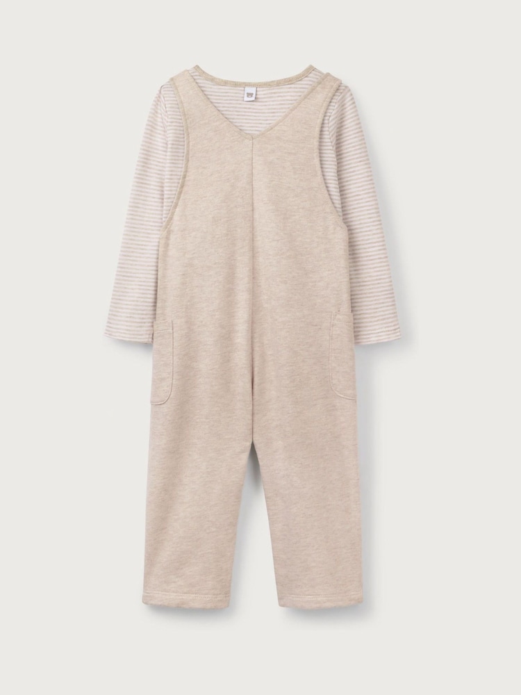 The White Company 100% Cotton Bear Print White Dungaree And Stripe Top Set - Image 6 of 6