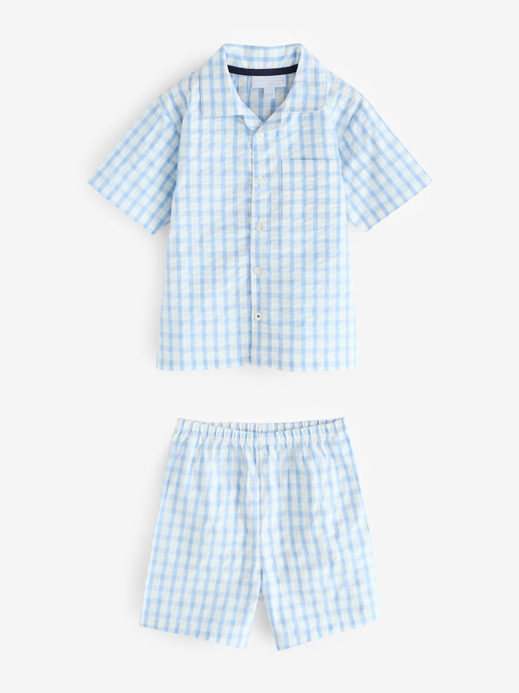 The White Company Blue 100% Organic Cotton Relaxed Fit Seersucker Traditional Shortie Pyjamas - صورة 1 من 1