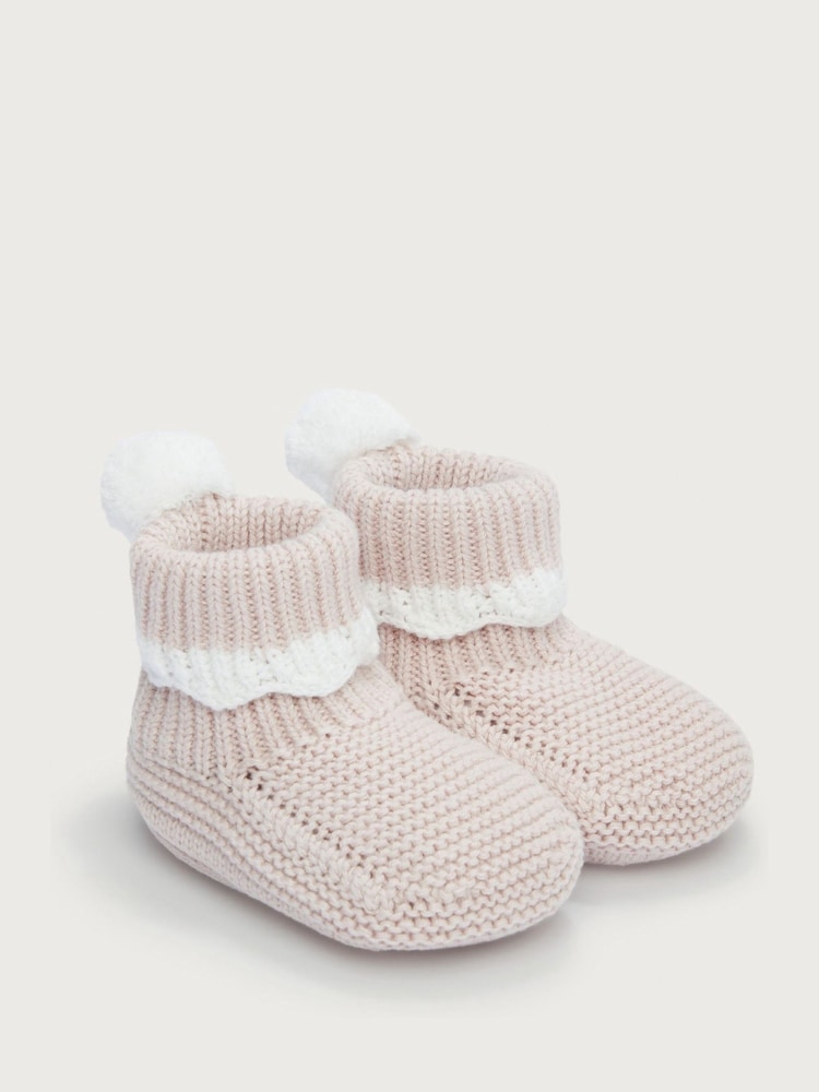 The White Company Pink 100% Cotton Scallop Pom Knitted Pram Booties Shoes - Image 1 of 2