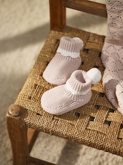 The White Company Pink 100% Cotton Scallop Pom Knitted Pram Booties Shoes - Image 2 of 2