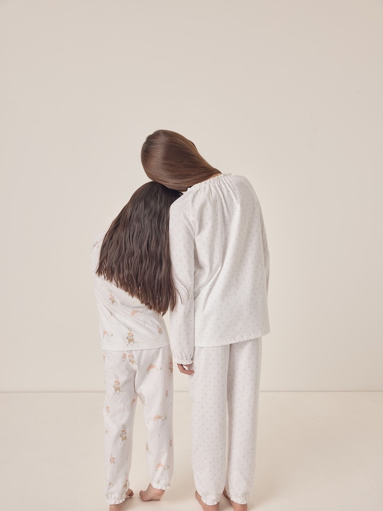 The White Company 100% Cotton Animals Prints And Polka Dot Relaxed Fit White Pyjamas Set Of 2 - Image 2 of 4