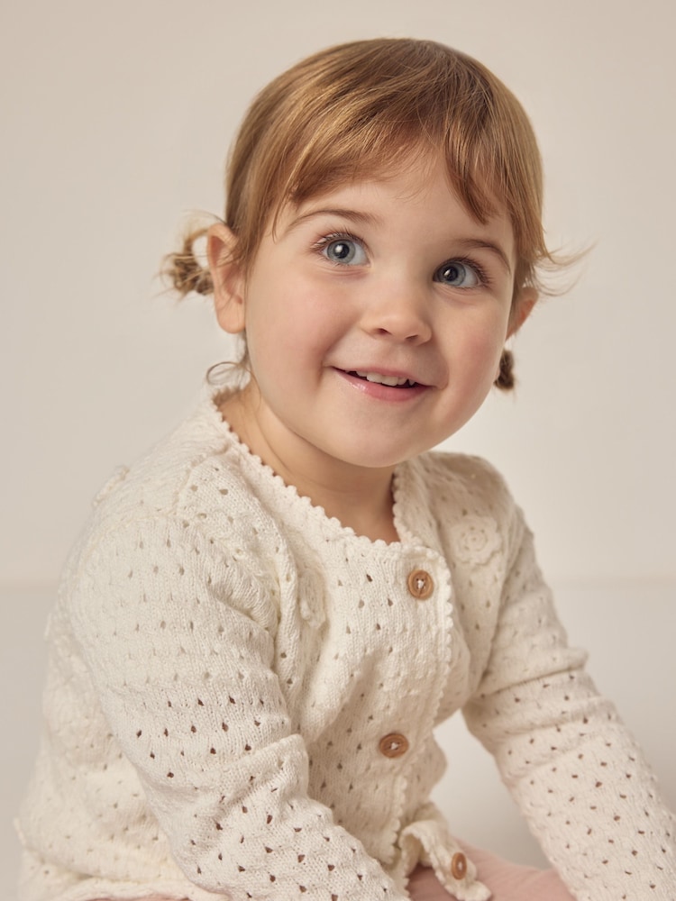 The White Company 100% Cotton Crochet Flower Cream Cardigan - Image 3 of 6