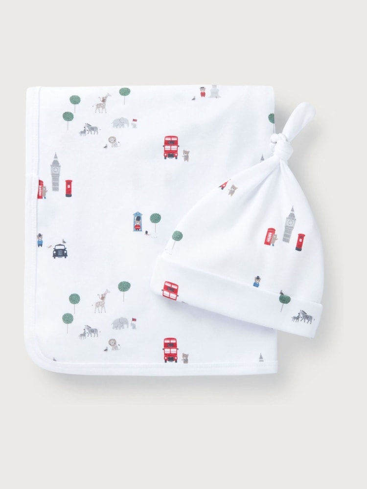 The White Company 100% Cotton Sightseeing London White Blanket And Hat Set - Image 1 of 1