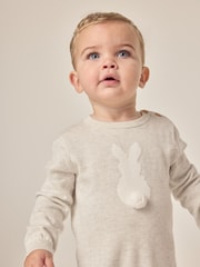 The White Company Grey 100% Organic Cotton Bunny Pom Knitted Romper - Image 4 of 7