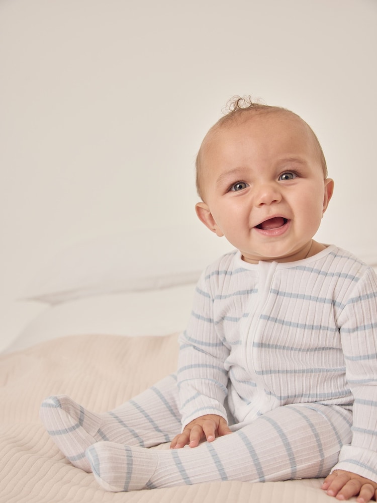 The White Company Blue Stripe Rib Zip Sleepsuit - Image 1 of 5