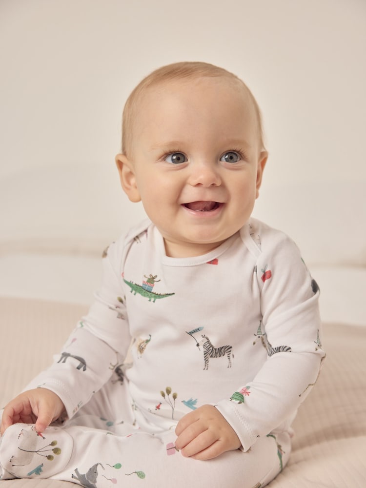 The White Company 100% Cotton Party Animals Print White Sleepsuit - Image 1 of 5