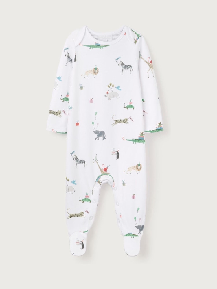 The White Company 100% Cotton Party Animals Print White Sleepsuit - Image 4 of 5