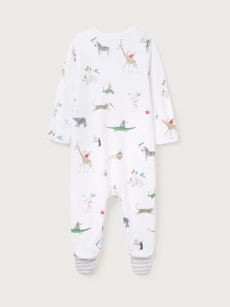 The White Company 100% Cotton Party Animals Print White Sleepsuit - Image 5 of 5