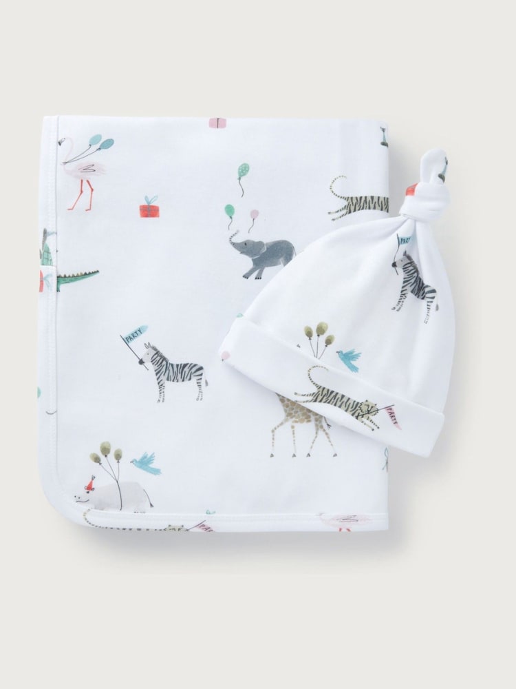 The White Company 100% Organic Cotton Party Animals Print Reversible White Blanket And Hat Set - Imagen 1 de 2