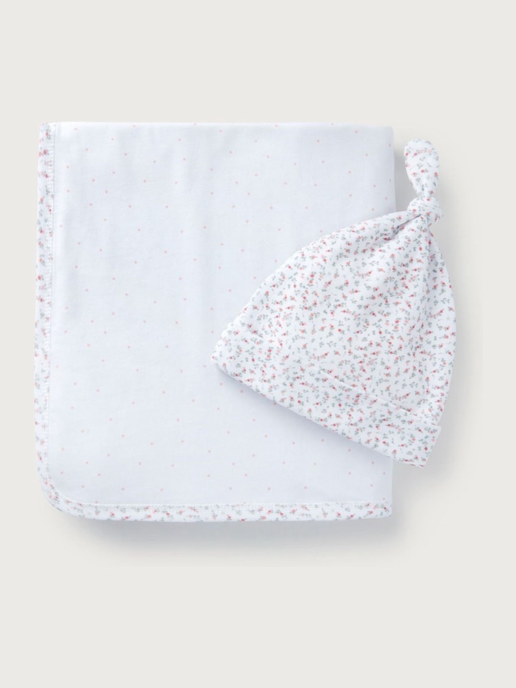 The White Company 100% Cotton Spring Berries Reversible White Blanket And Hat Set - Image 2 of 2