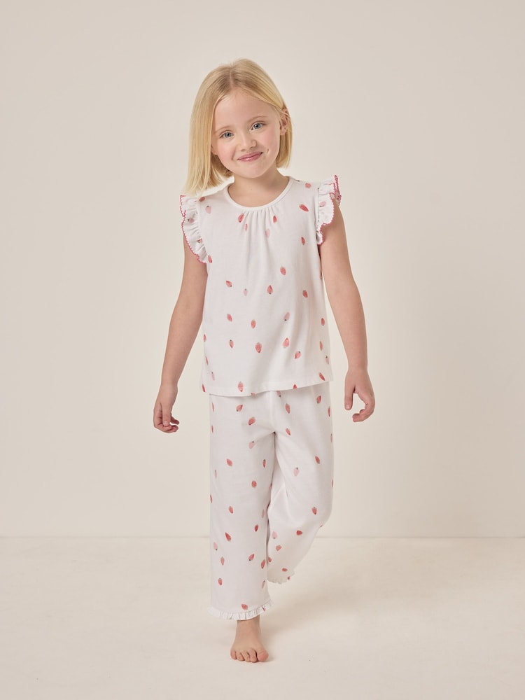 The White Company 100% Cotton Flutter Sleeve Strawberry Relaxed Fit White Pyjamas - صورة 1 من 5