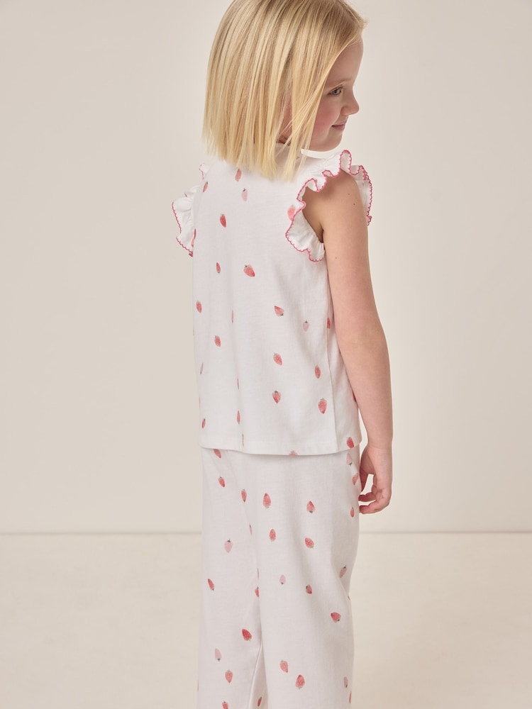 The White Company 100% Cotton Flutter Sleeve Strawberry Relaxed Fit White Pyjamas - صورة 2 من 5