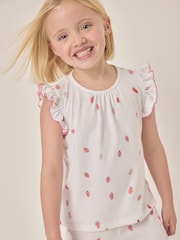 The White Company 100% Cotton Flutter Sleeve Strawberry Relaxed Fit White Pyjamas - صورة 3 من 5