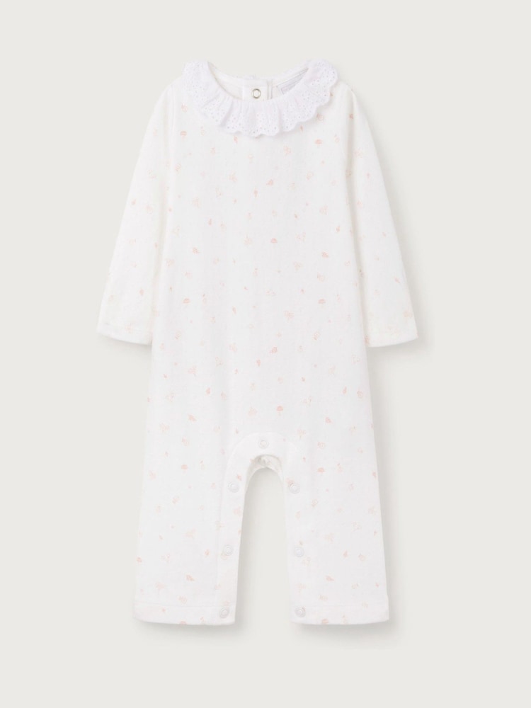 The White Company 100% Cotton Ottile Floral Lace Collar Pointelle White Sleepsuit - Image 1 of 2