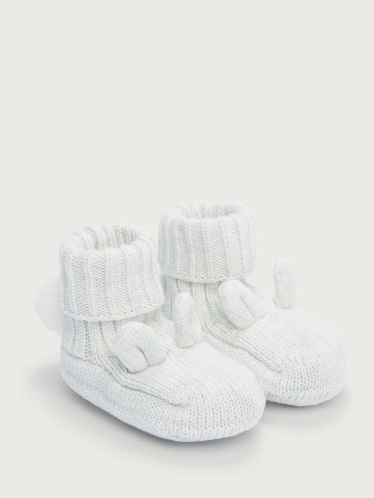 The White Company Grey 100% Cotton Bunny Pom Knitted Pram Booties - Image 1 of 1