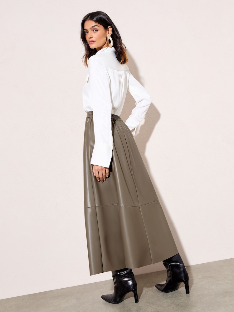 Friends Like These Olive Green Faux Leather Midi Skirt - Image 2 of 4