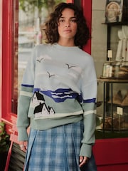 Blue/Green Scenic Graphic Compact Cosy Crew Neck Jumper With Ribbed Detail - Image 1 of 7