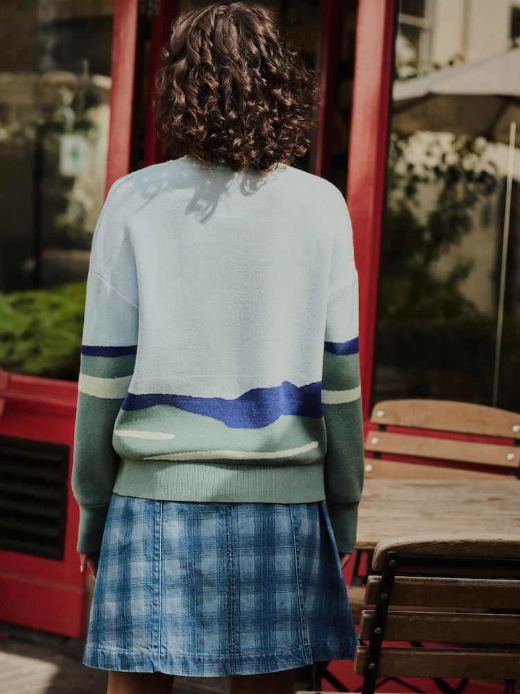 Blue/Green Scenic Graphic Compact Cosy Crew Neck Jumper With Ribbed Detail - Image 2 of 7