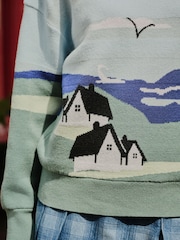 Blue/Green Scenic Graphic Compact Cosy Crew Neck Jumper With Ribbed Detail - Image 4 of 7