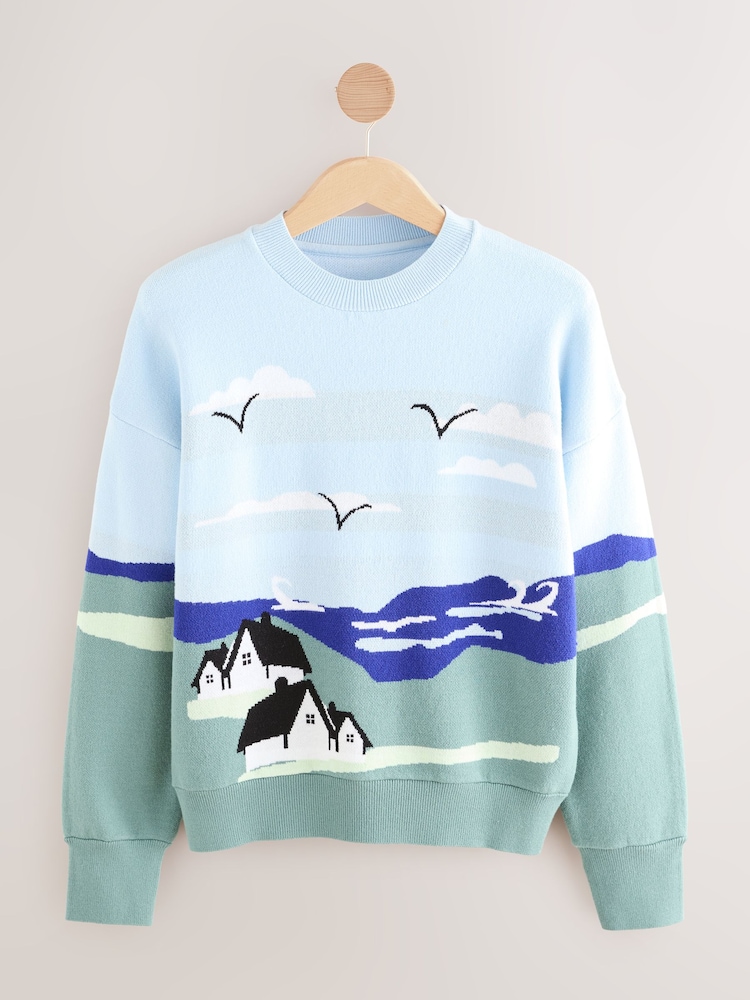 Buy Blue/Green Landscape Scene Cosy Crew Neck Jumper With Ribbed