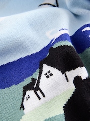 Blue/Green Scenic Graphic Compact Cosy Crew Neck Jumper With Ribbed Detail - Image 6 of 7