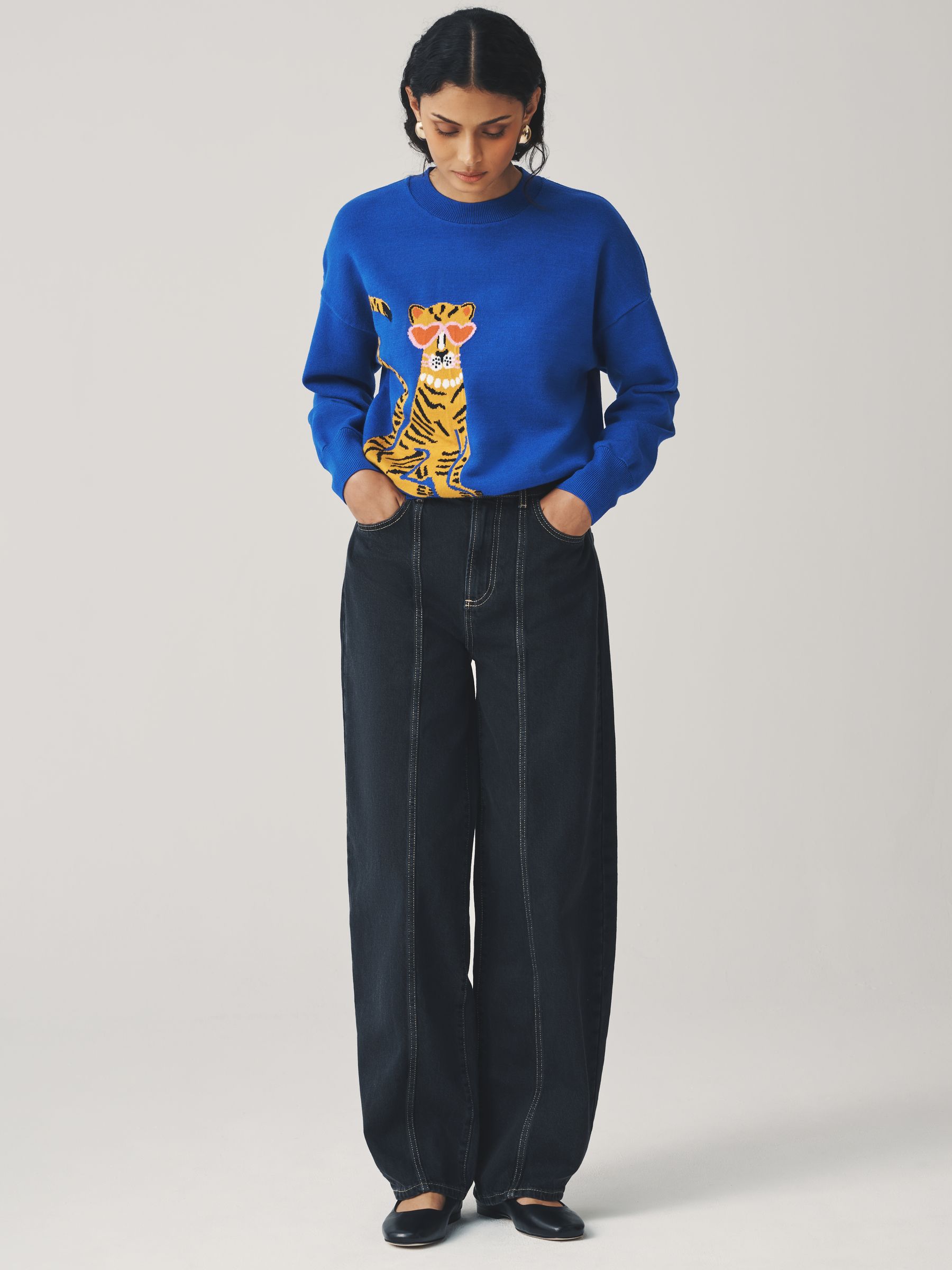 Buy Cobalt Blue Graphic Tiger Cosy Crew Neck Jumper With Ribbed