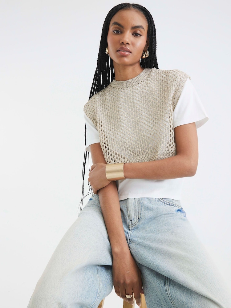 River Island Gold Crochet Overlay T-Shirt - Image 1 of 4 River Island Gold Crochet Overlay T-Shirt - Image 1 of 4