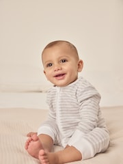 The White Company Grey 100% Cotton Elephant Pocket Stripe Zip Sleepsuit - Image 1 of 6
