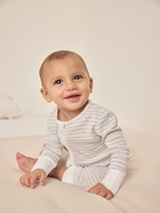 The White Company Grey 100% Cotton Elephant Pocket Stripe Zip Sleepsuit - Image 2 of 6
