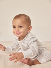 The White Company Grey 100% Cotton Elephant Pocket Stripe Zip Sleepsuit - Image 3 of 6