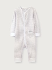 The White Company Grey 100% Cotton Elephant Pocket Stripe Zip Sleepsuit - Image 5 of 6