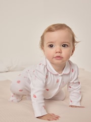 The White Company 100% Cotton Strawberry Collared White Sleepsuit - Image 1 of 5
